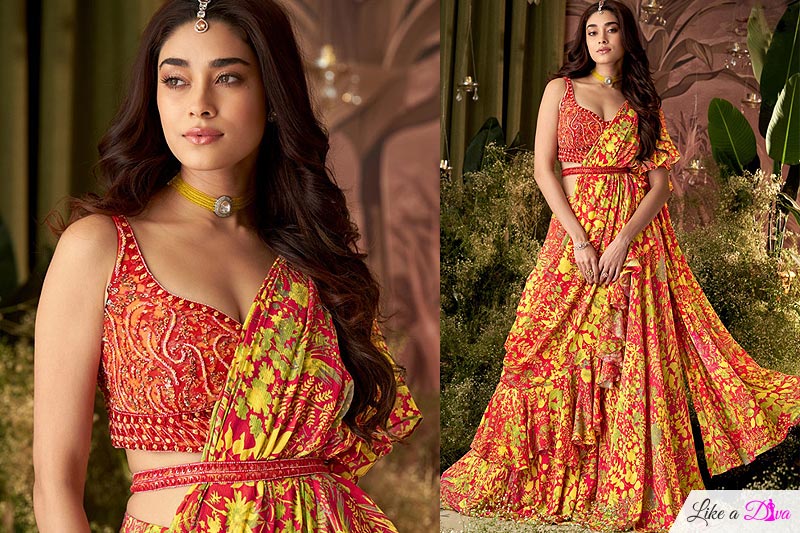 Yellow & Red Satin Silk Printed Saree Style Fusion Lehenga Set With Belt