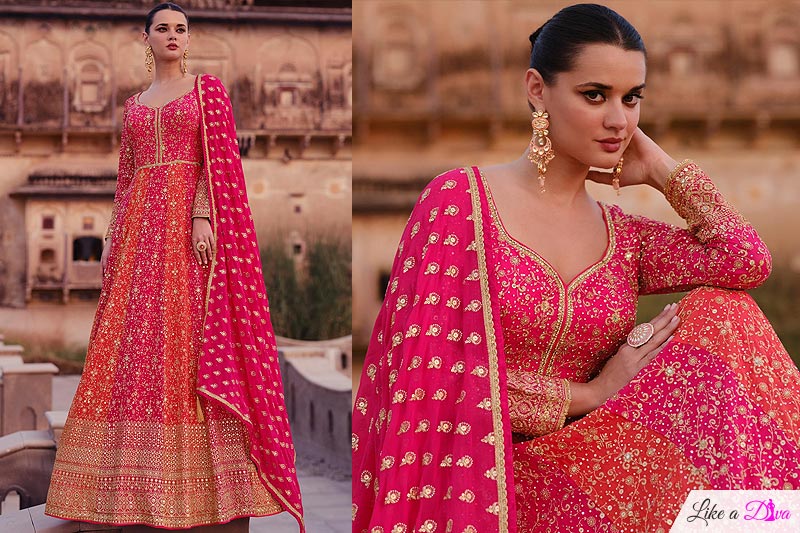 Pink & Orange Georgette Embroidered Anarkali Suit