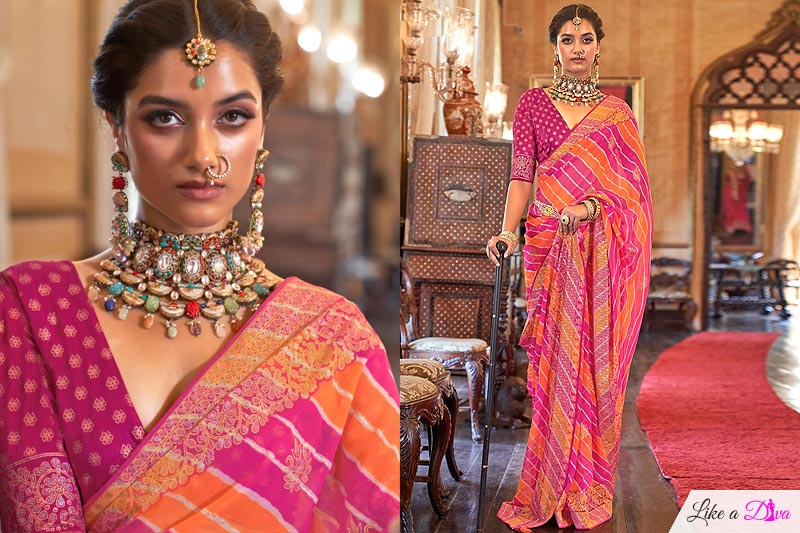 Pink & Orange Lehariya Georgette Embroidered Saree