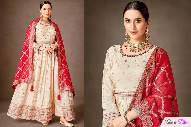 Ivory & Red Tissue Silk Embroidered & Jacquard Anarkali Suit With Belt