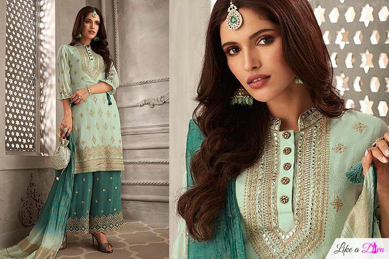 Two Tone Green Embroidered Suit In Pure Georgette