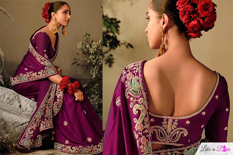 Plum Purple Silk Hand Embroidered Saree