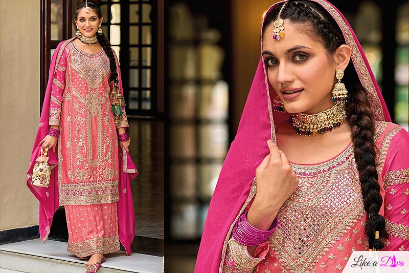 Ready To Wear Coral & Pink Chinon Embroidered Kurta Set