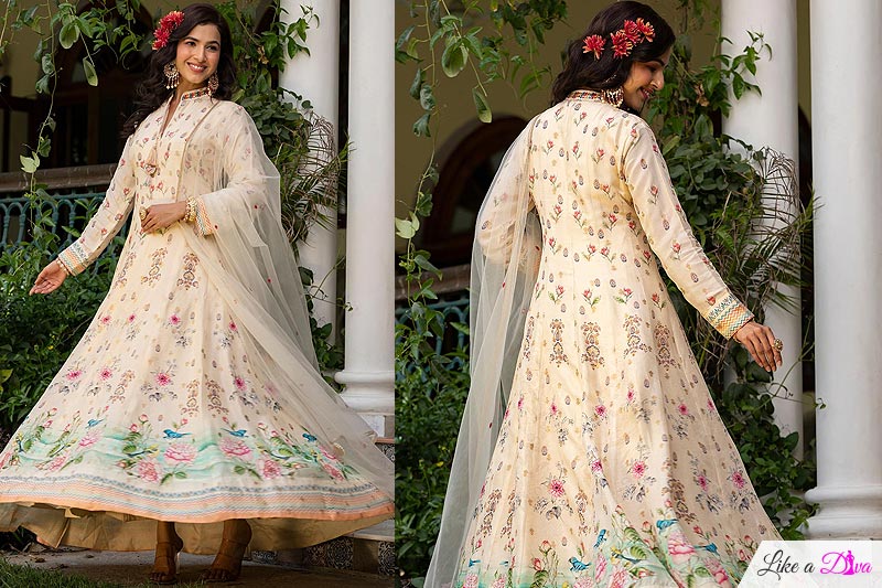 Ivory Silk Printed & Embroidered Anarkali Dress With Dupatta