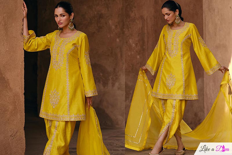Lemon Yellow Silk Embroidered Kurta Set With Dhoti Pants