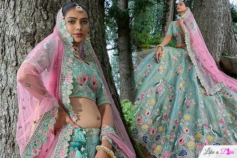 Sky Blue Silk Embroidered Lehenga Set