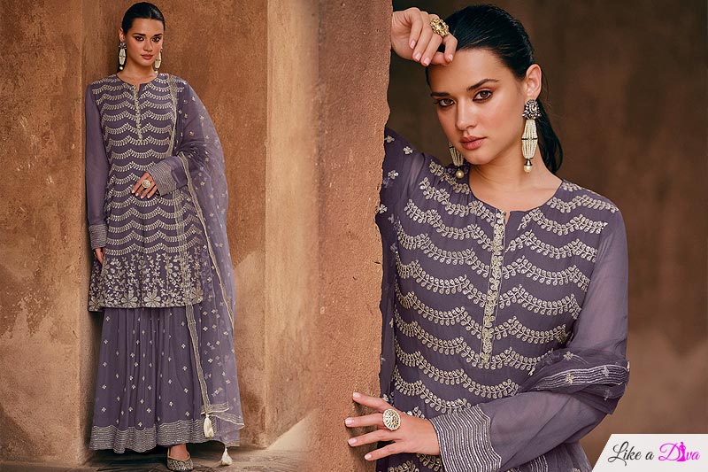 Lovely Lilac Georgette Embroidered Sharara Kurta Set