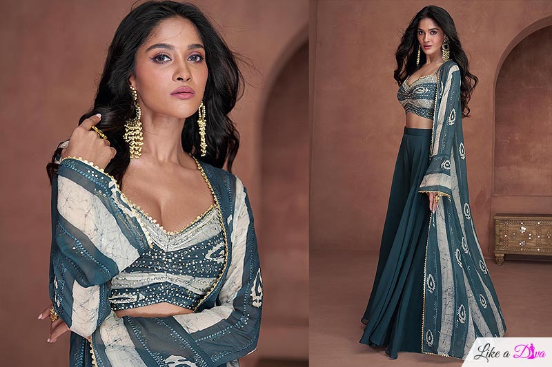 Teal Blue Georgette Indo-western 3 Piece Attire