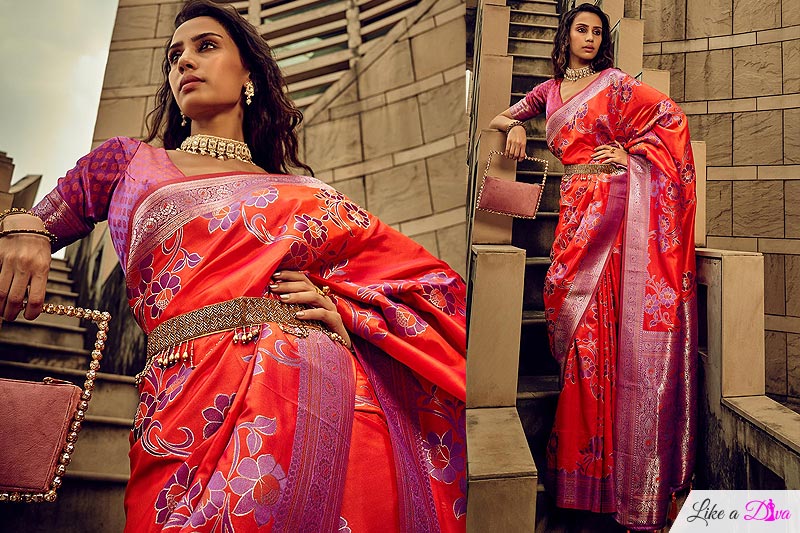 Orange & Purple Satin Weaved Saree