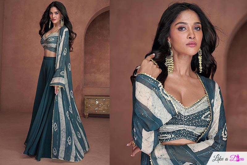 Teal Blue Georgette Indo-western 3 Piece Attire