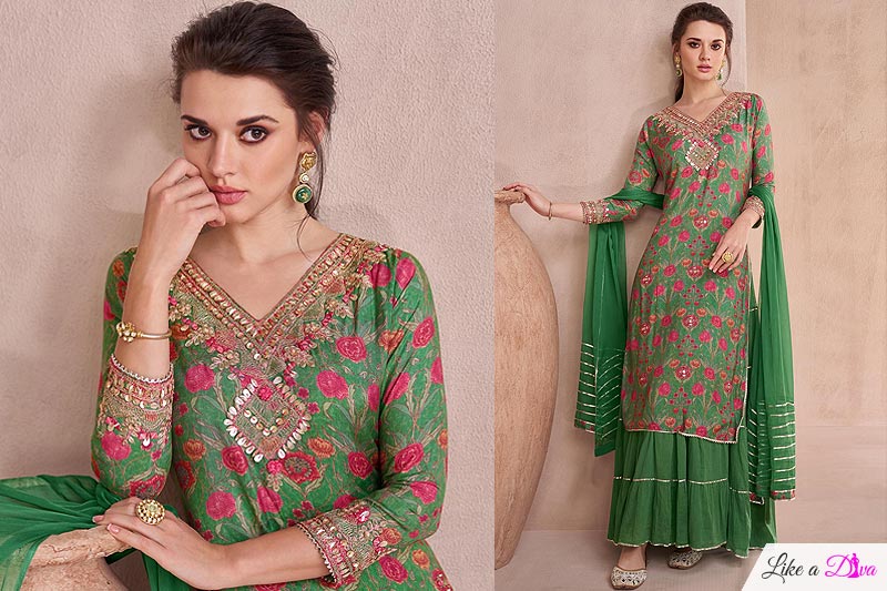 Green Cotton Silk Printed & Embroidered Long Kurti With Attached Skirt Set