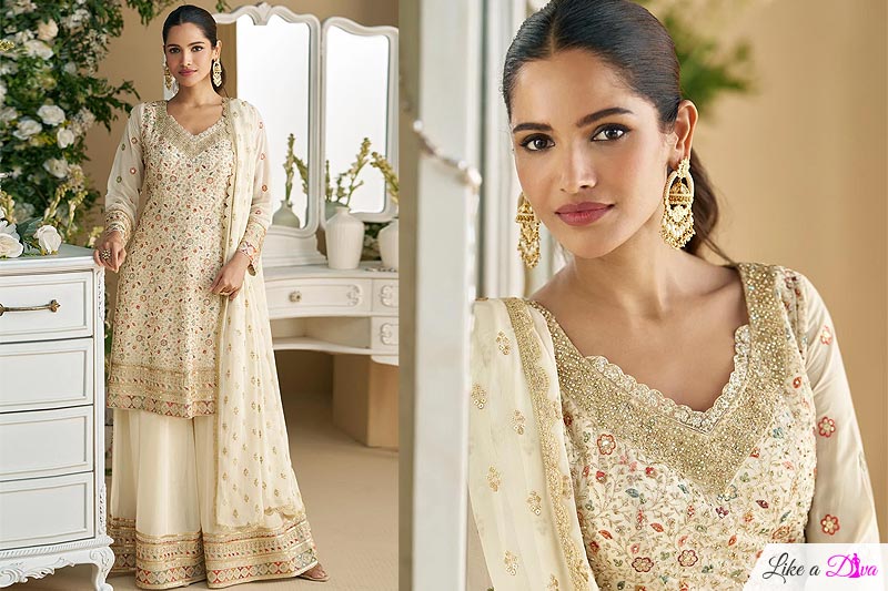 Ivory Georgette Hand Embroidered Kurta Set