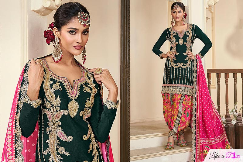 Bottle Green & Magenta Chinon Silk Embroidered Dhoti Kurta Set