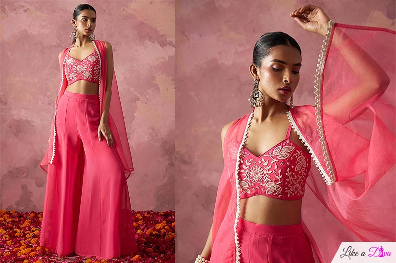 Coral Georgette Embroidered Top & Palazzo Set With Organza Silk Cape