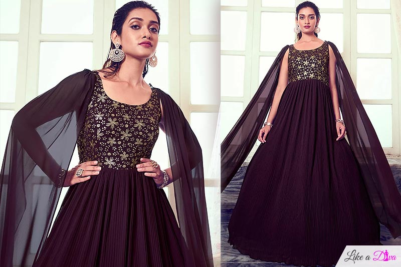 Ready To Wear Plum Georgette Designer Embroidered Anarkali Gown