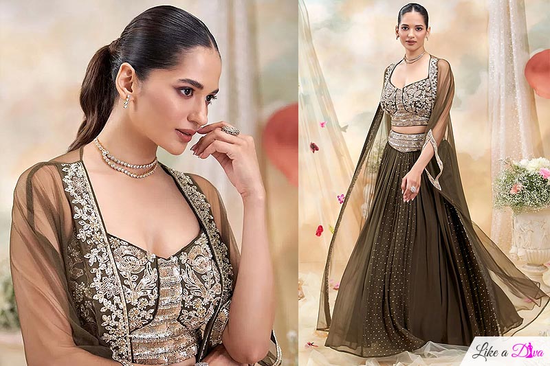 Fern Green Georgette Embroidered Top & Skirt Set With Net Shrug