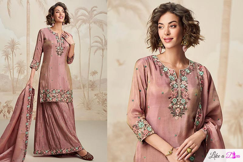 Rosewood Pink Organza Silk Embroidered Kurta Set