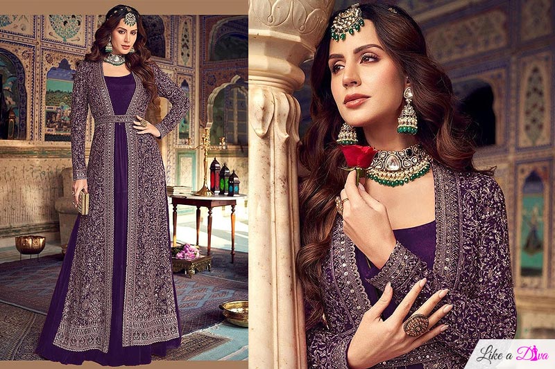 Plum Purple Georgette Anarkali Dress With Embroidered Jacket & Belt