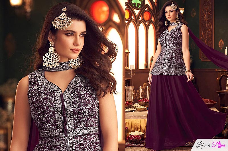 Plum Wine Georgette Embroidered Peplum Style Sharara Kurta Set