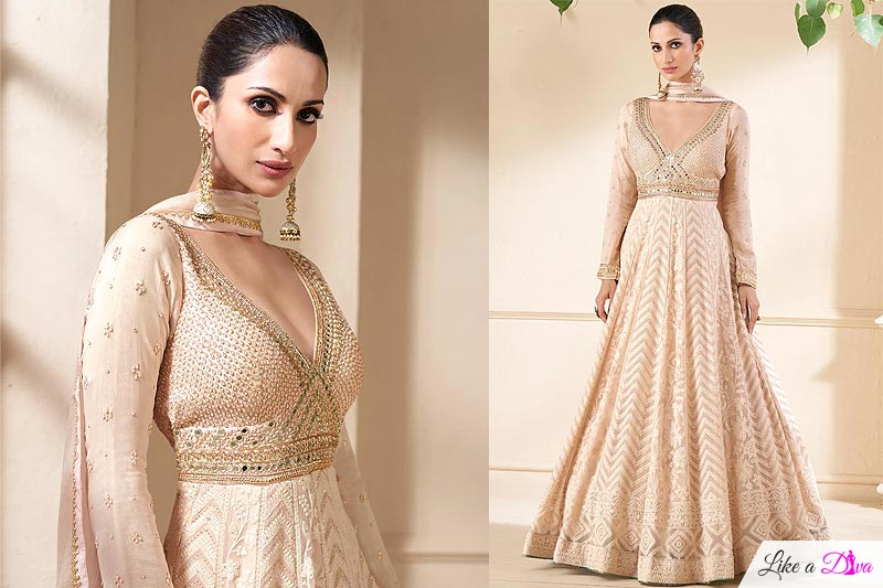 Beige Peach Georgette Embroidered Anarkali Dress With Dupatta