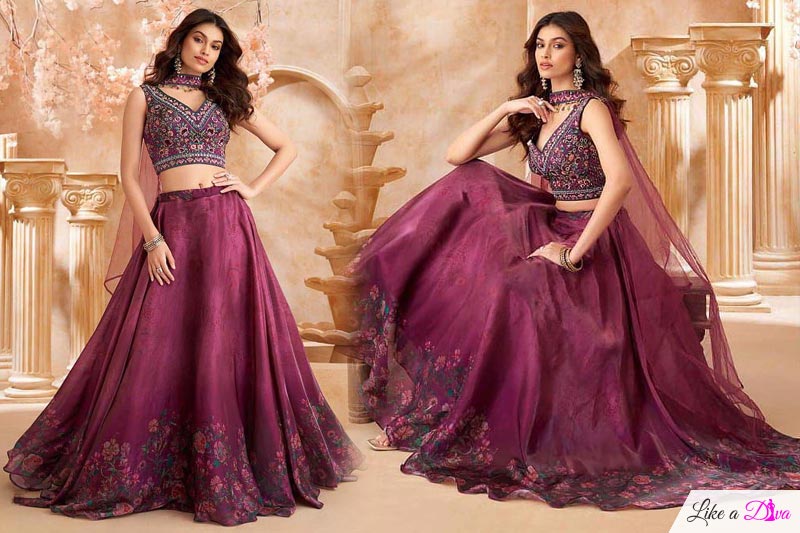 Wine Soft Tissue Silk Printed & Embroidered Lehenga Set