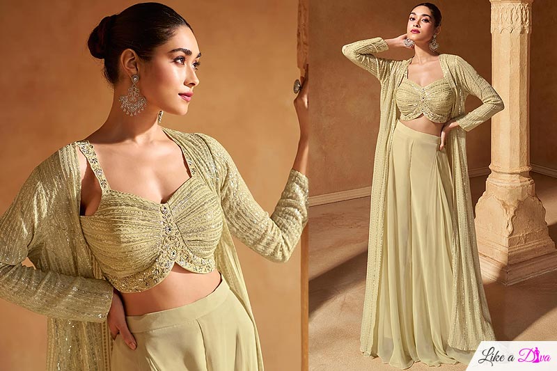 Stunning Ivory Indowestern Embroidered Georgette 3 Piece Set