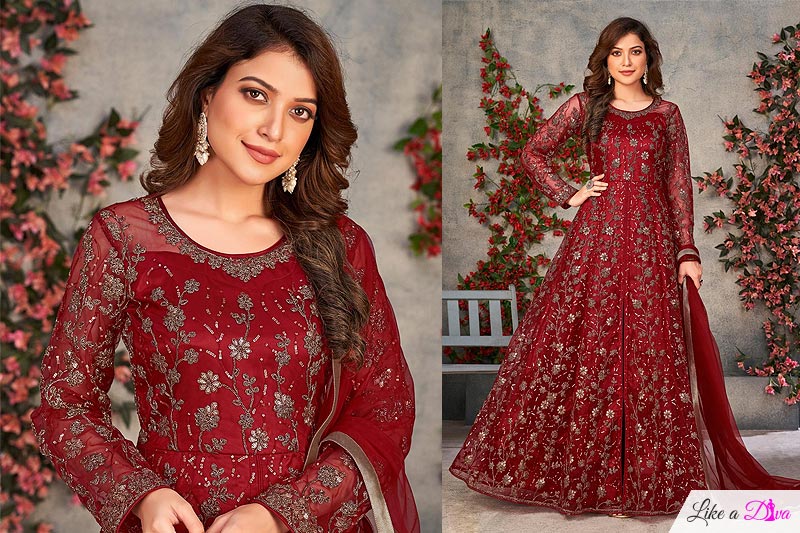 Red Net Embroidered Front Slit Anarkali Dress