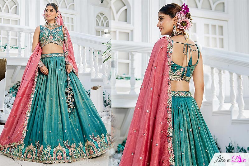 Turquoise Satin Embroidered Lehenga Se