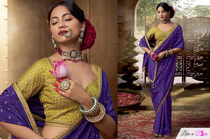 Purple Crepe Silk Embroidered & Bordered Saree