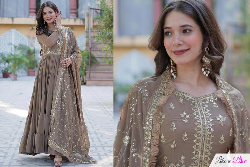 Taupe Georgette Embroidered Anarkali Dress With Dupatta