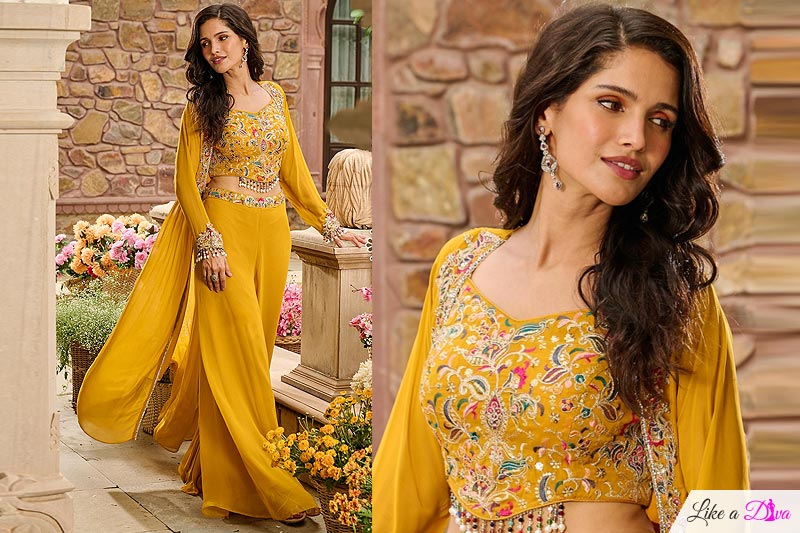 Mustard Yellow Georgette Indowestern Embroidered Top & Palazzo Set With Jacket