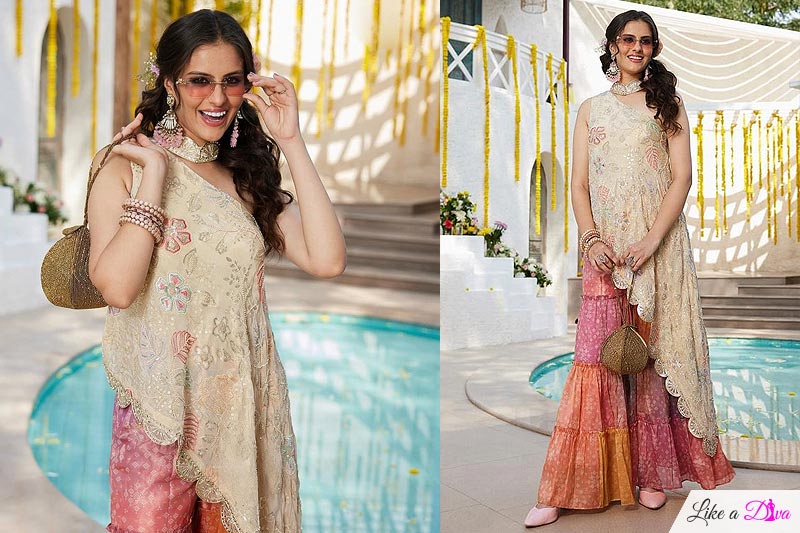 ndo-western Ivory Multicolor Silk Hand Embroidered One Shoulder Kurti With Bandhani Sharara