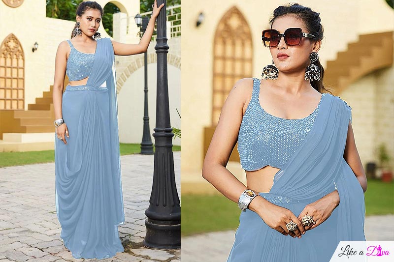 Pre-draped Cornflower Blue Georgette Saree With Hand Embroidered Blouse & Belt