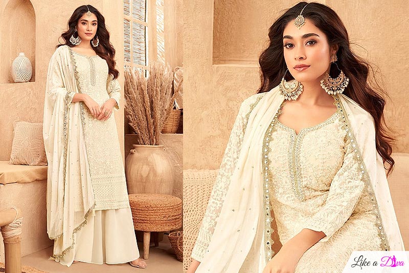 Ivory Georgette Lucknowi Chikankari Sharara Kurta Set