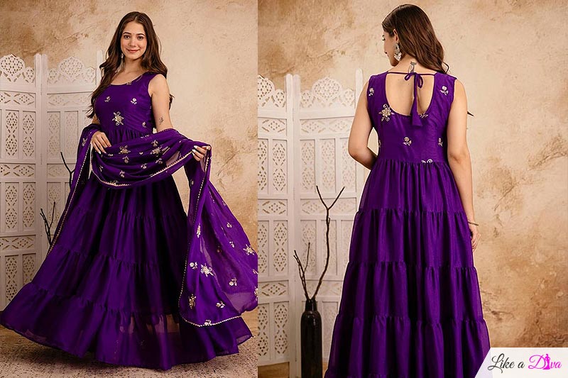 Violet Georgette Embroidered Anarkali Dress With Dupatta