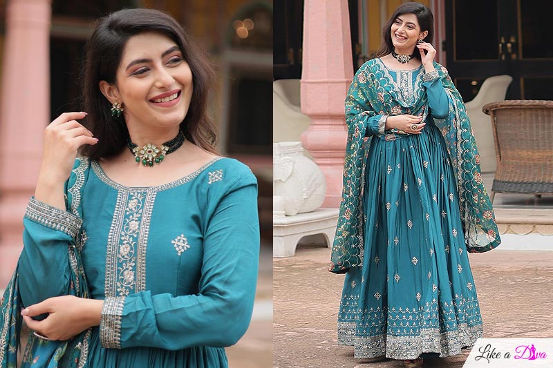 Teal Blue Chinon Silk Embroidered Anarkali Dress With Kalamkari Dupatta