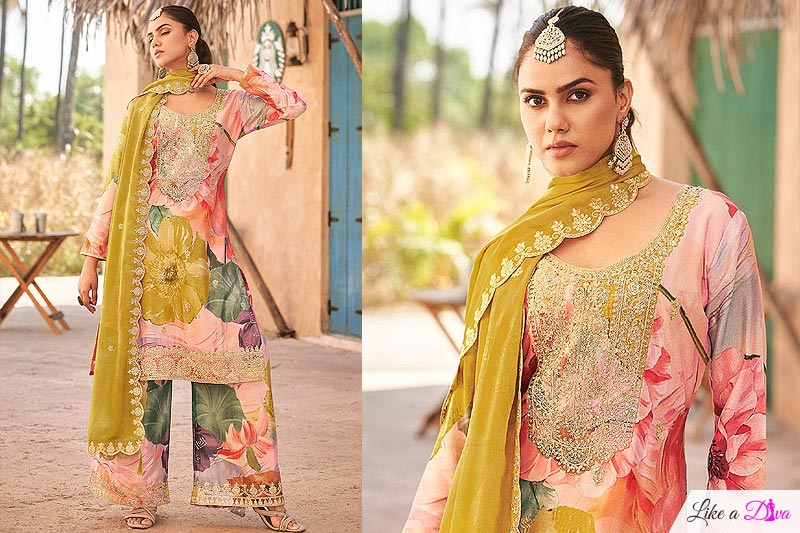 Multicolor & Fern Green Chinon Silk Printed, Embroidered, & Hand Worked Kurta Set