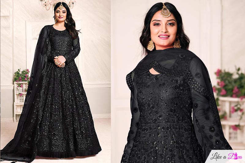 Black Net Embroidered Anarkali Dress With Dupatta