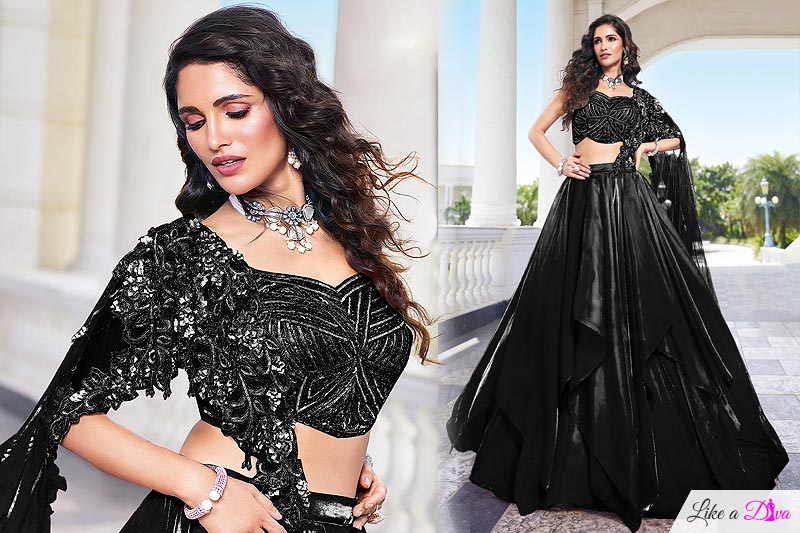 Black Tissue Organza Silk Lehenga Set With Attached Dupatta