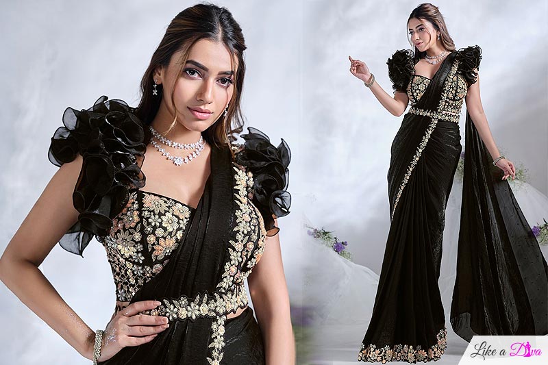 Pre-draped Designer Black Satin Silk Hand Embroidered Saree With Belt
