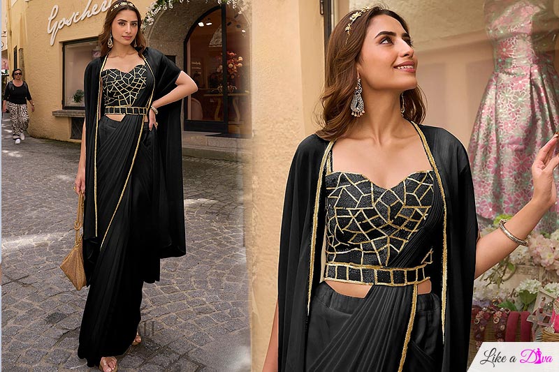 Pre-draped Black Georgette Saree With Hand Embroidered Blouse & Shrug
