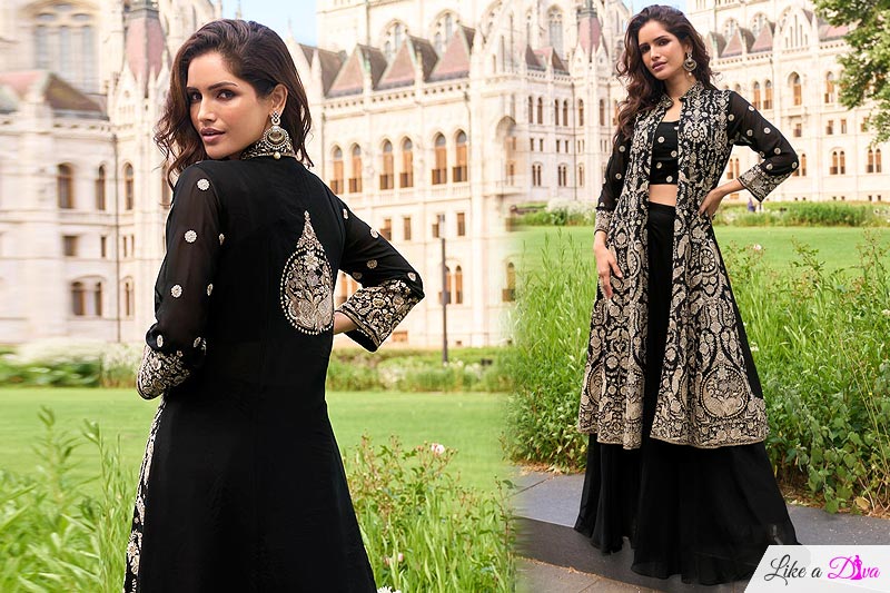 Black Georgette Embroidered Top & Palazzo Set With Long Flared Jacket