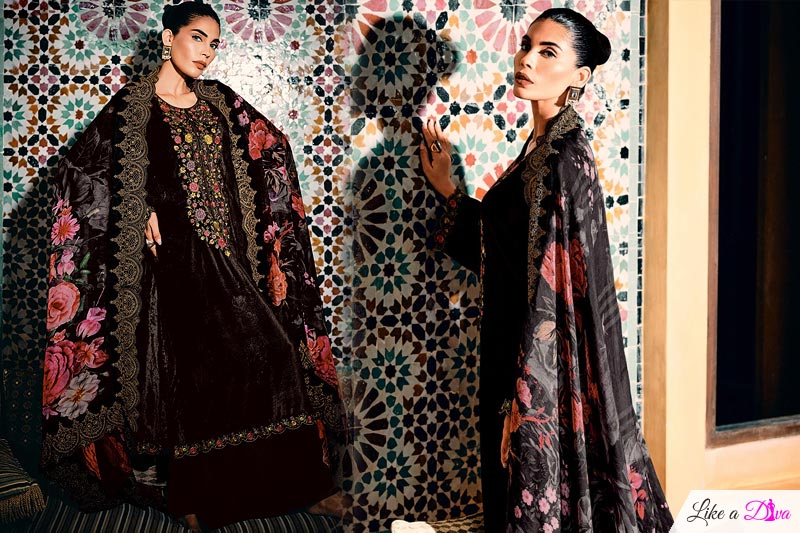 Black Velvet Embroidered Kurta Set With Organza Dupatta & Pashmina Palazzo
