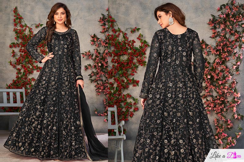 Black Net Embroidered Front Slit Anarkali Dress