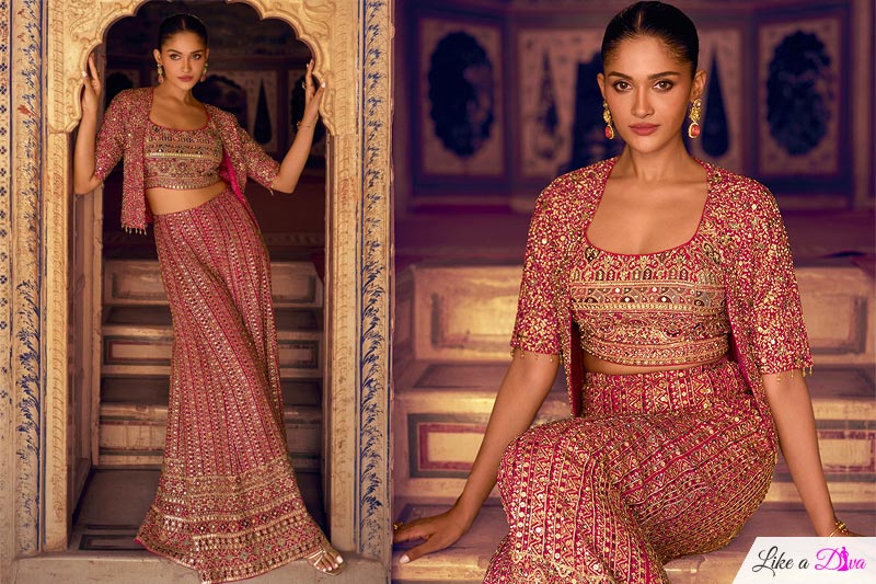 Magenta Pink Georgette Embroidered Top & Palazzo Set With Jacket