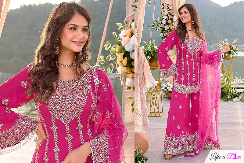 Stunning Hot Pink Georgette Embroidered Sharara Kurta Set