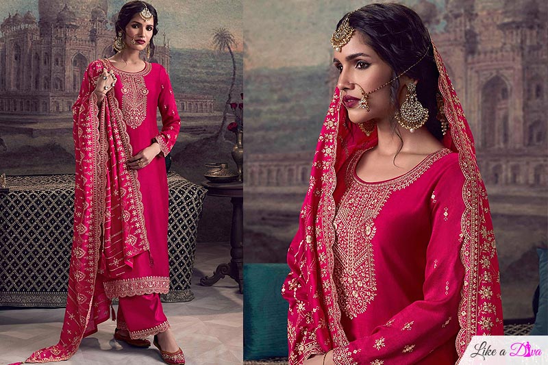 Fuchsia Pink Silk Georgette Embroidered Kurta Set 