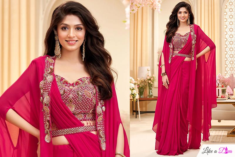 Pre-draped Magenta Pink Georgette Embroidered Saree With Hand Work Blouse, Shrug, & Belt