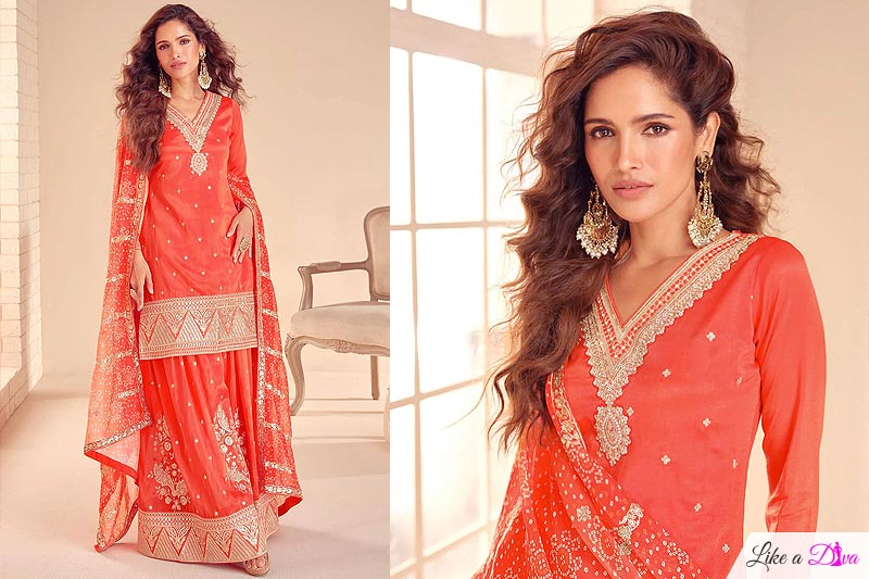 Coral Orange Silk Embroidered Sharara Kurta Set