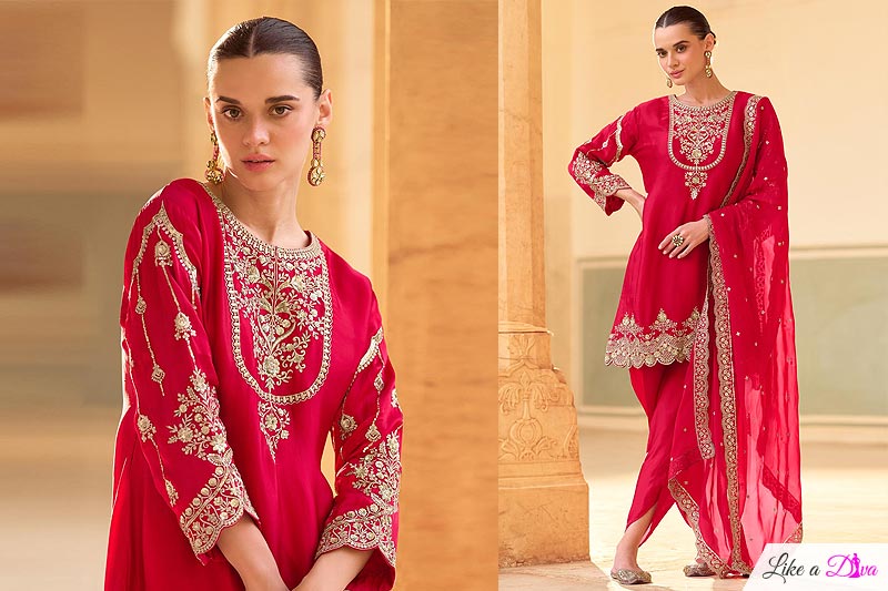 Red Crepe Silk Embroidered Kurta Set With Dhoti Pants
